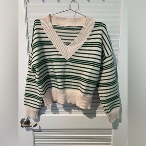 White/Cream and Green Striped V-neck Sweater